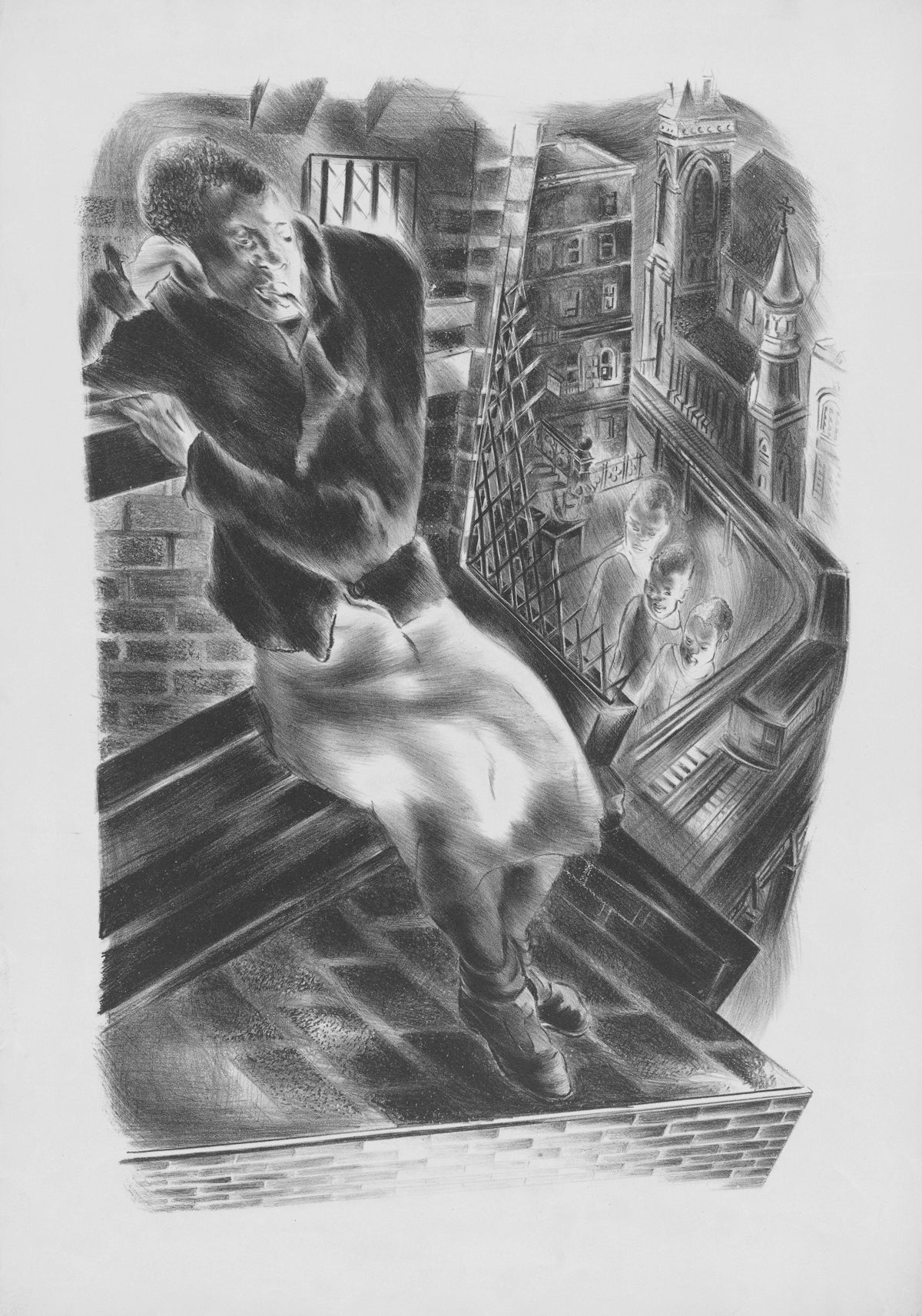 Woman on a rooftop overlooking a city at night