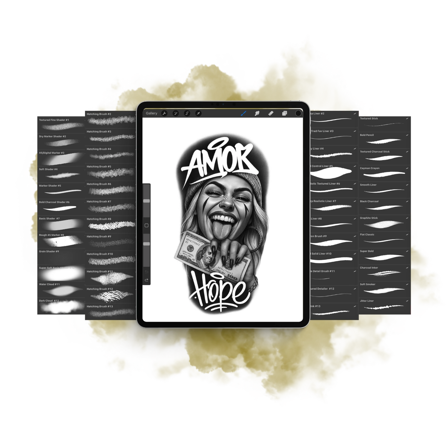 Detailed view of the PRO Tattoo Kit's collection of 300+ specialized Procreate brushes, including shader, stipple, and texture brushes, being used to create high-fidelity tattoo art.