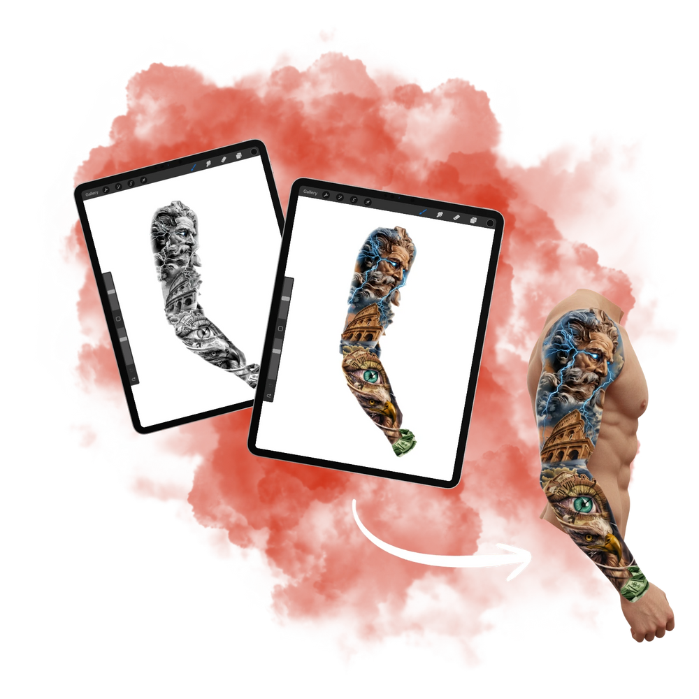 Side-by-side comparison in Procreate showing a digital tattoo design applied to a 3D human model, highlighting the flawless anatomical accuracy and client-ready quality achieved with the PRO Tattoo Kit.