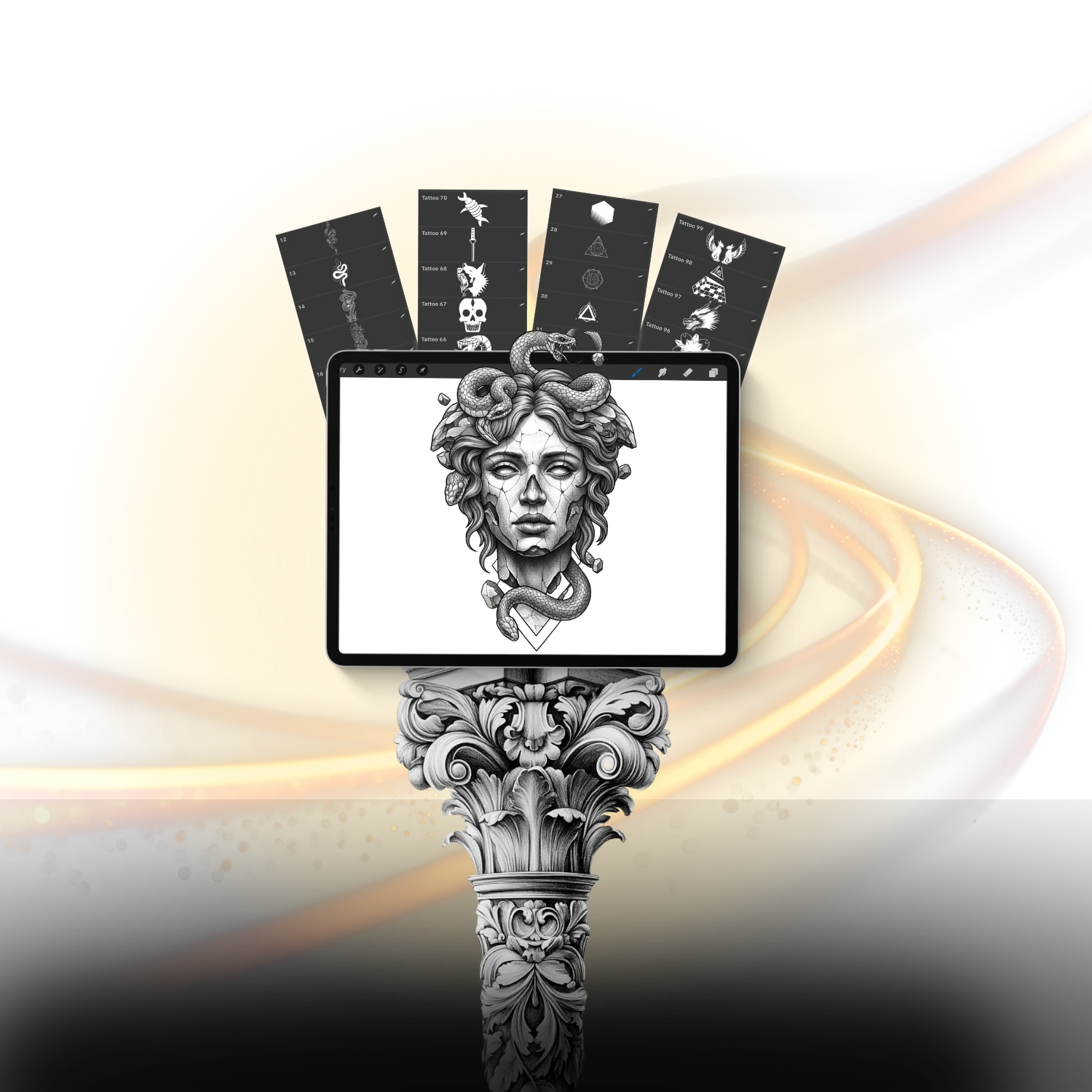 Digital composition in Procreate using a variety of the 220+ PRO Tattoo Kit stencils, showcasing skull, geometric, and sculpture elements for rapid design creation.