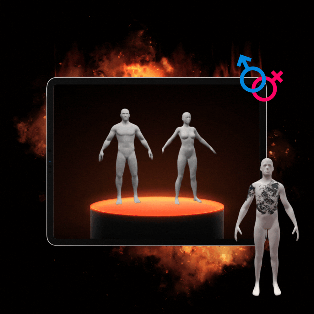 3D Human Models for male and female figures displayed in Procreate, highlighting the use of full body and specific parts like arms and hands for accurate digital tattoo placement and mockups.