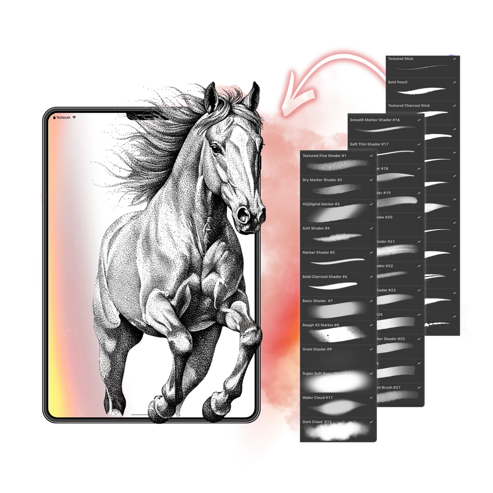 Close-up of a digital tattoo design in Procreate showcasing intricate stipple shading and consistent fineline work using the PRO Tattoo Kit's specialized brushes.