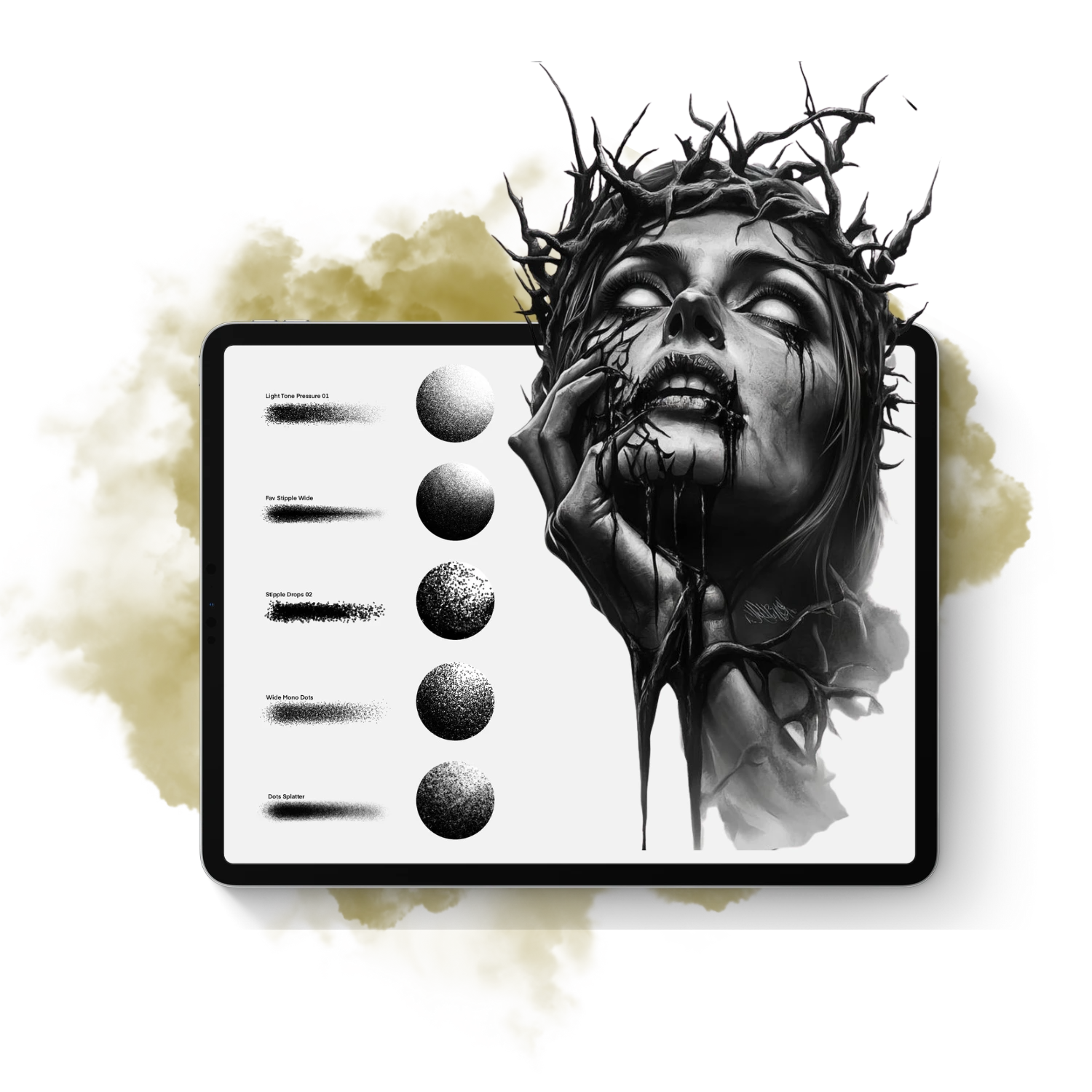 Close-up of a digital tattoo in Procreate showcasing advanced shading techniques and realistic skin texture overlays using the PRO Tattoo Kit's 70+ Essential Solutions.