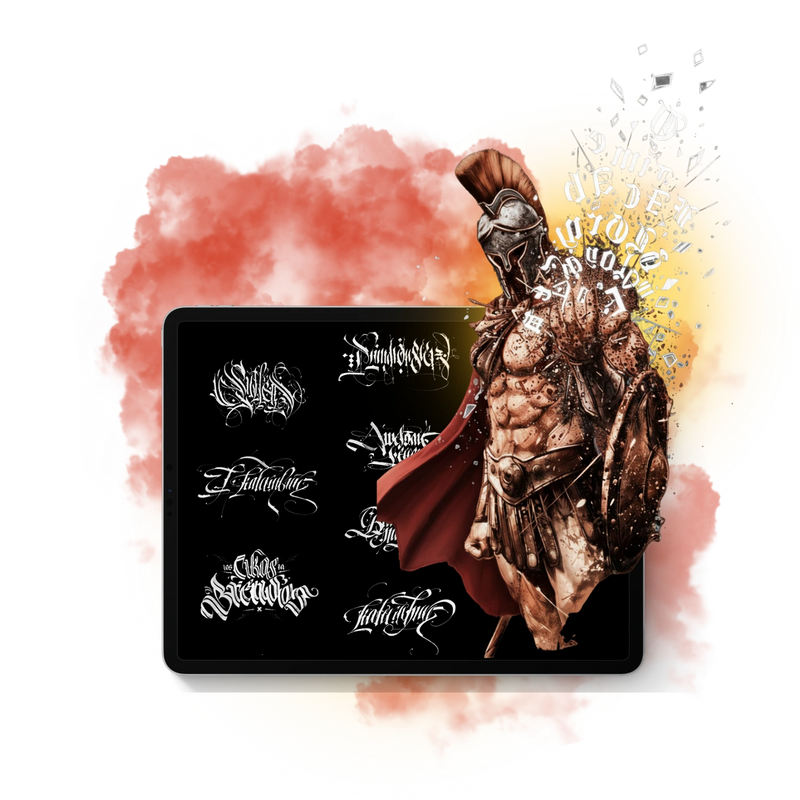 Digital composition in Procreate showcasing a diverse collection of the 40+ specialized tattoo fonts, including script, gothic, and Old English styles, demonstrating ease of use for lettering.