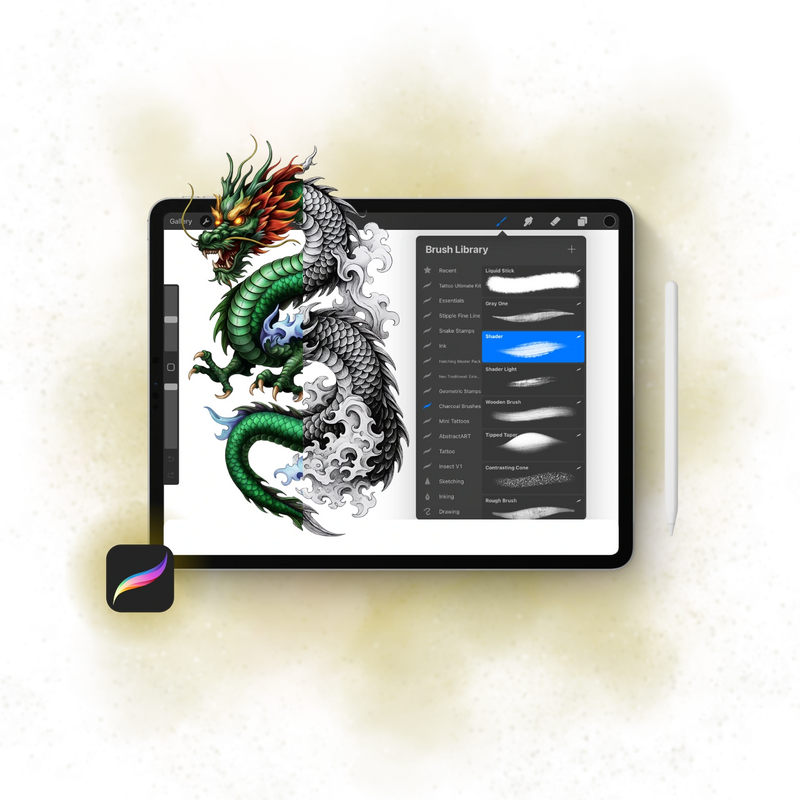 PRO Tattoo Kit for Procreate displayed on an iPad, showcasing over 1000 premium digital tattoo brushes and resources ready for use in Procreate.