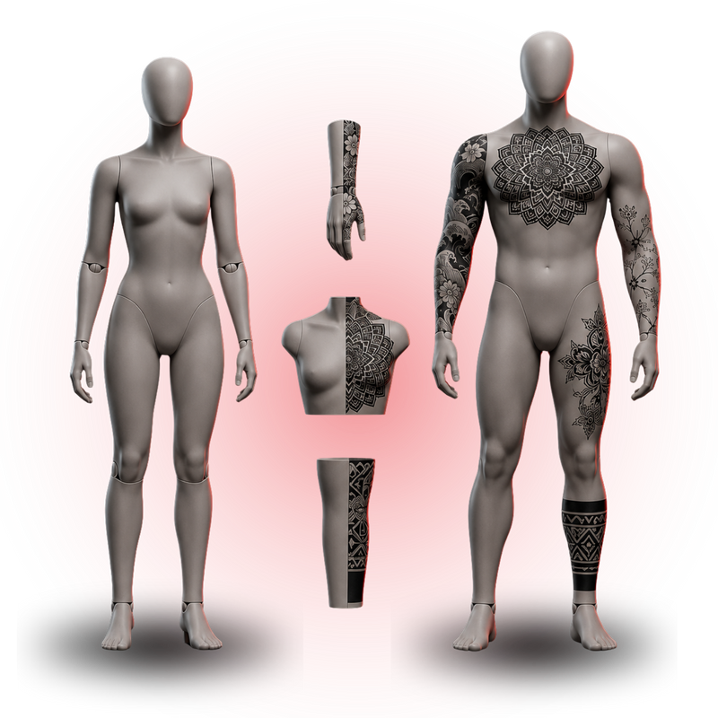 3D models with custom tattoo designs displayed