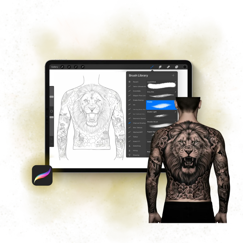 PRO Tattoo Kit for Procreate displayed on an iPad, showcasing over 1000 premium digital tattoo brushes and resources ready for use in Procreate.