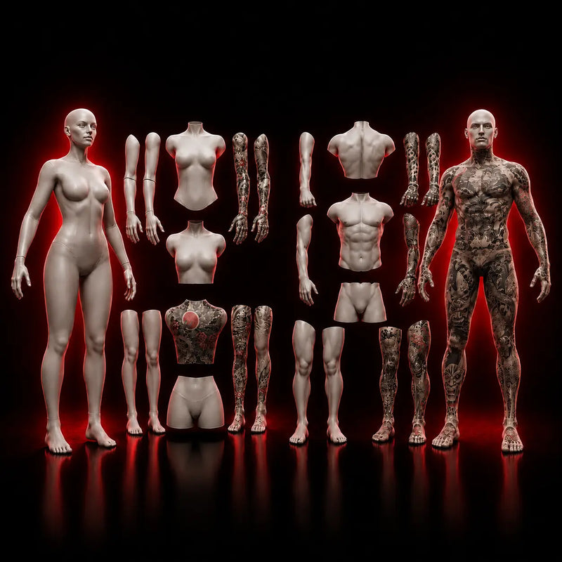 3D models with custom tattoo designs displayed